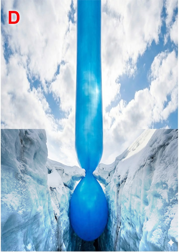 A balloon pinched into a glacier crevasse