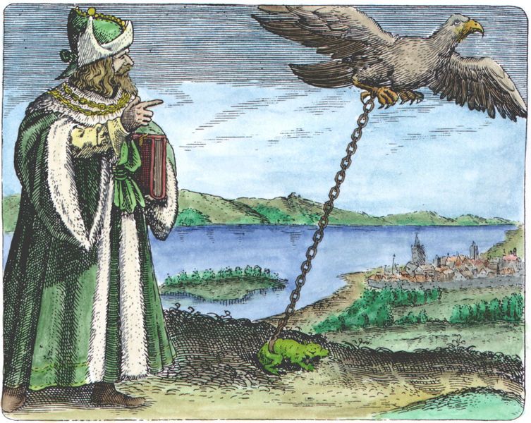 A a bird chained to earth. Chain is a high-density flux tube symbol.