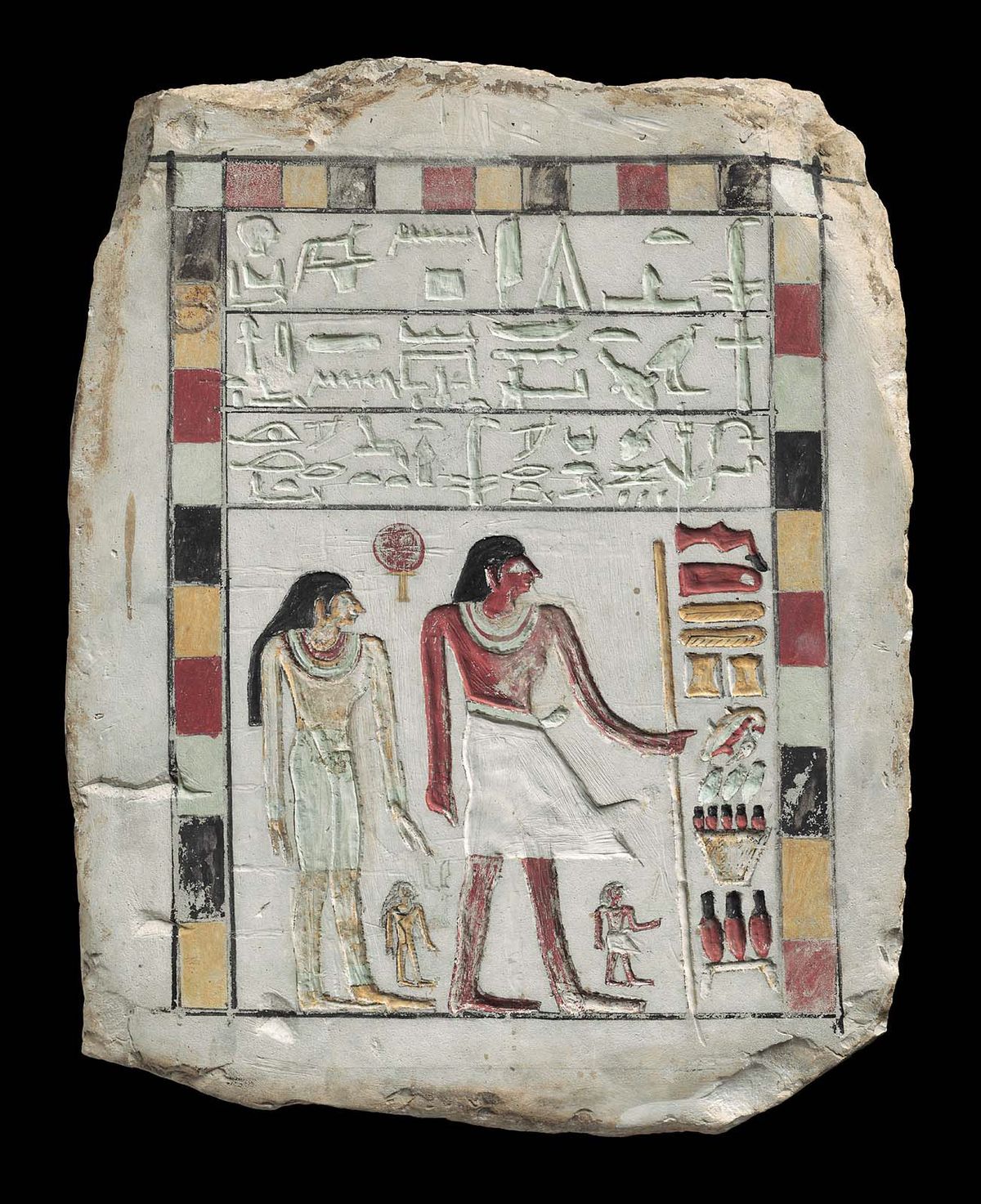 Alternating colors in the rectangular barrier of an Egyptian torus symbol.