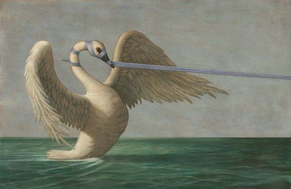 A swan pulling a horizontal tube